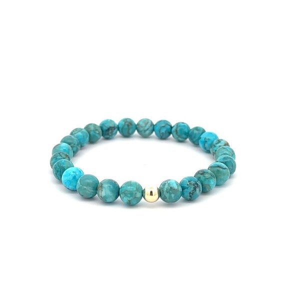 Natural Turquoise 6mm Stretchable Bracelet 18k Gold Bead Charm - Picture 1 of 4
